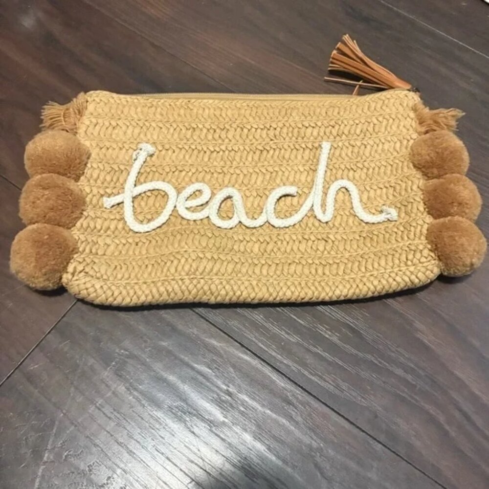 SHEIN Boho 'Beach' Straw Clutch Handwoven Summer Vacation Bag with Pom-Pom Trim